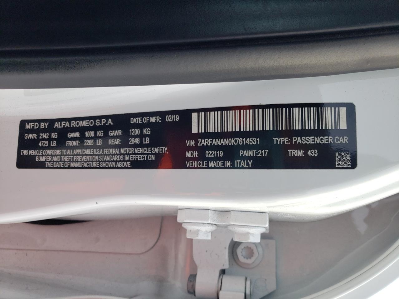 ZARFANAN0K7614531 2019 Alfa Romeo Giulia