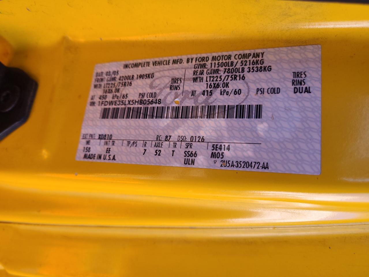 1FDWE35LX5HB05648 2005 Ford Econoline E350 Super Duty Cutaway Van