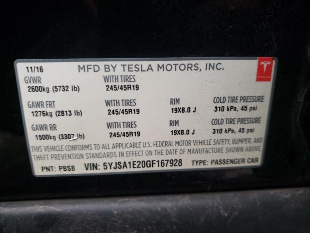 5YJSA1E20GF167928 | 2016 TESLA MODEL S