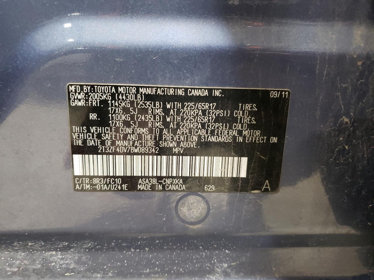 2T3ZF4DV7BW089342 2011 Toyota Rav4