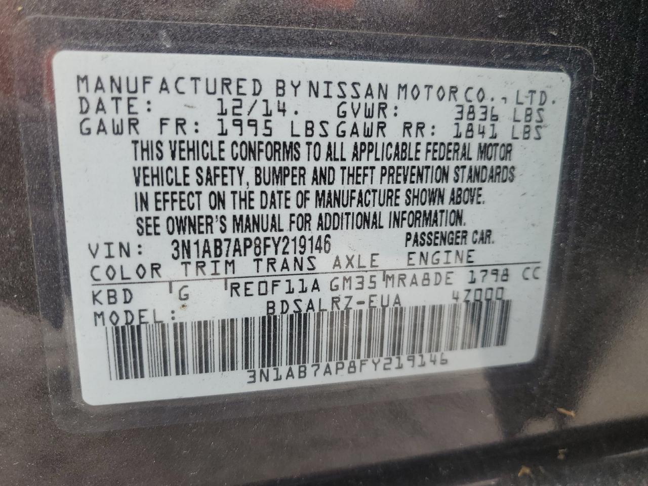 3N1AB7AP8FY219146 2015 Nissan Sentra S