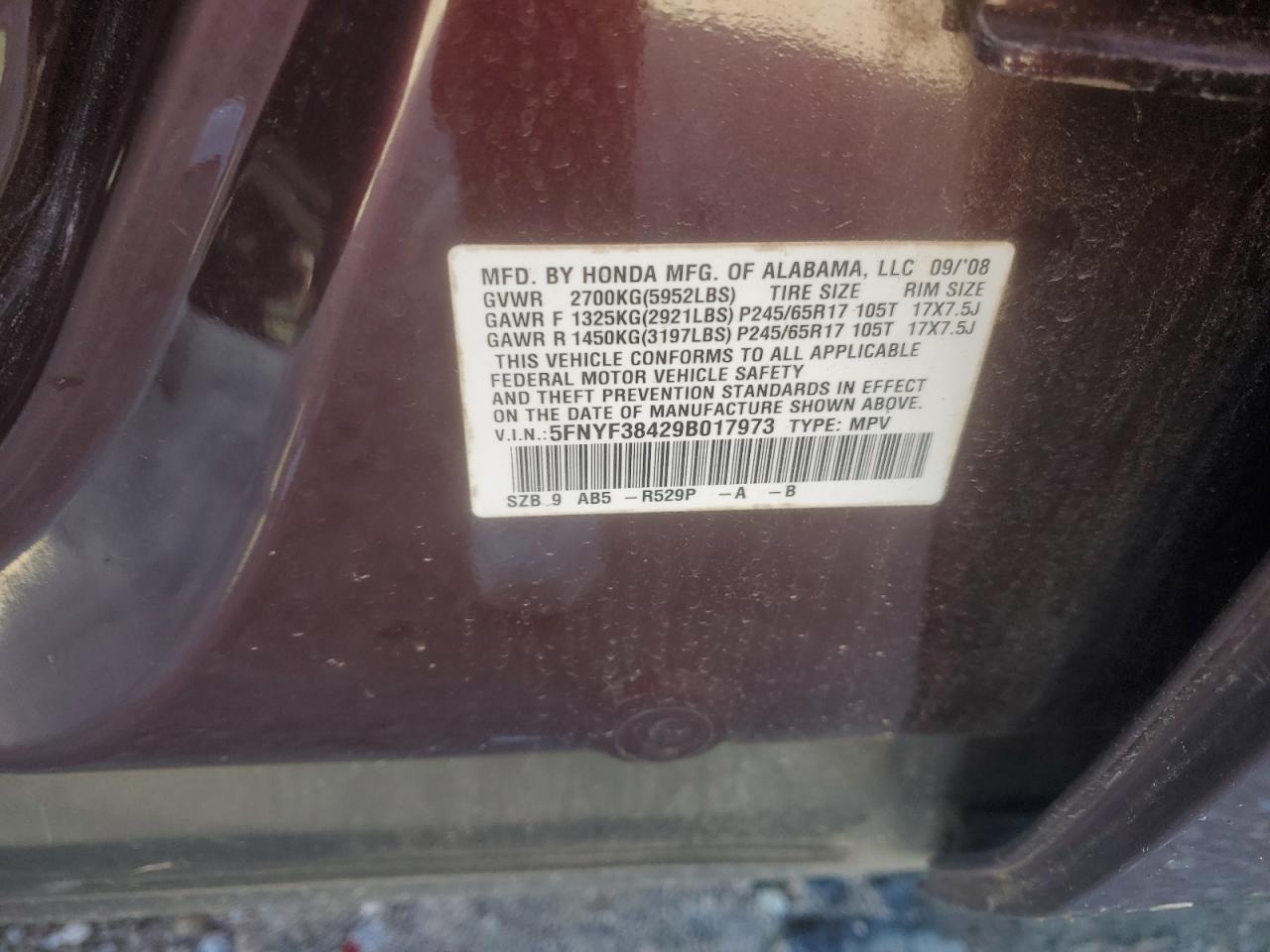 5FNYF38429B017973 2009 Honda Pilot Ex