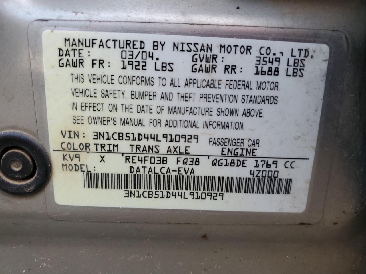 3N1CB51D44L910929 2004 Nissan Sentra 1.8