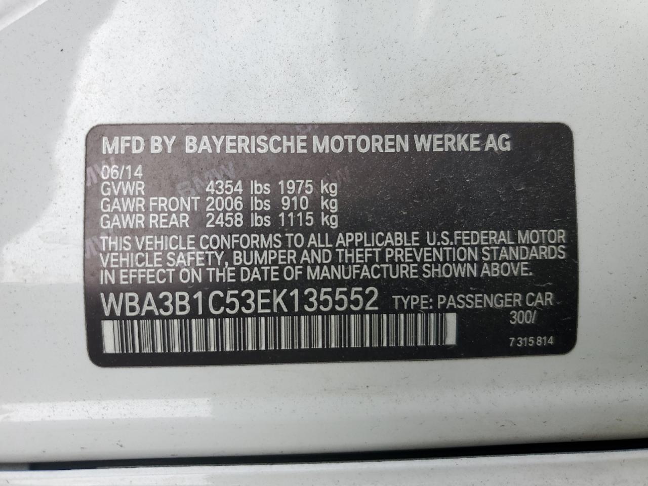 WBA3B1C53EK135552 2014 BMW 320 I