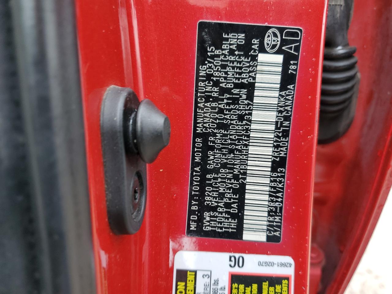 2T1BURHEXFC373157 2015 Toyota Corolla L