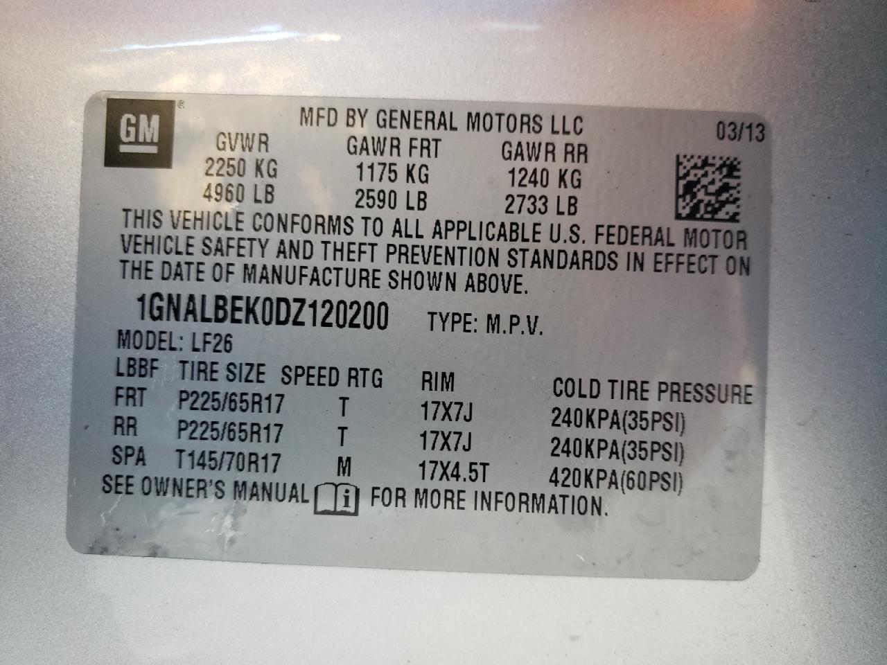 1GNALBEK0DZ120200 2013 Chevrolet Equinox Ls