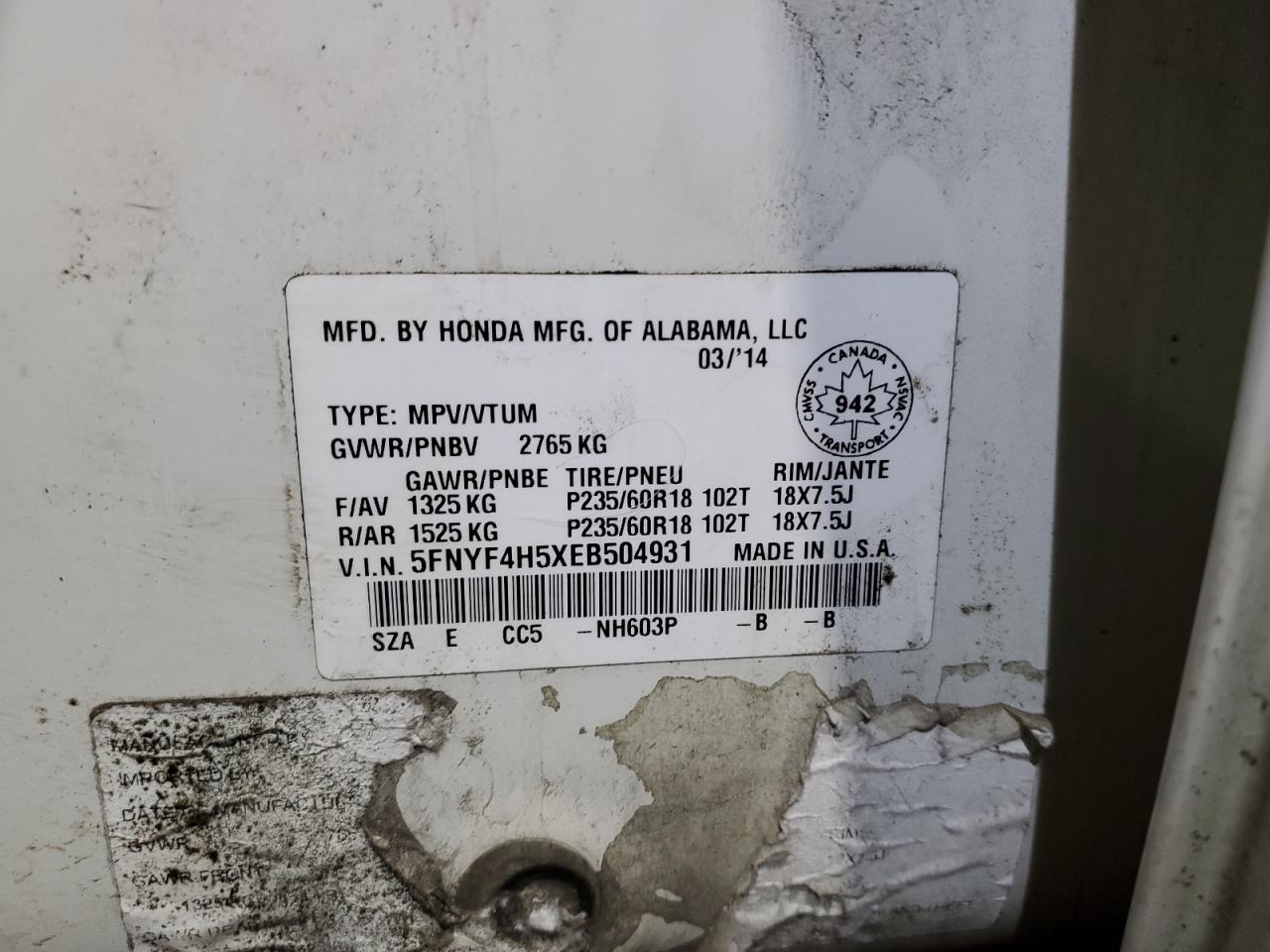 5fnyf4h5xeb504931 5FNYF4H5XEB504931 2014 Honda Pilot Exl