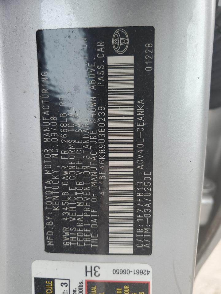 4T1BE46K89U360239 2009 Toyota Camry Base 4T1BE46K89U360239 2009 Toyota Camry Base