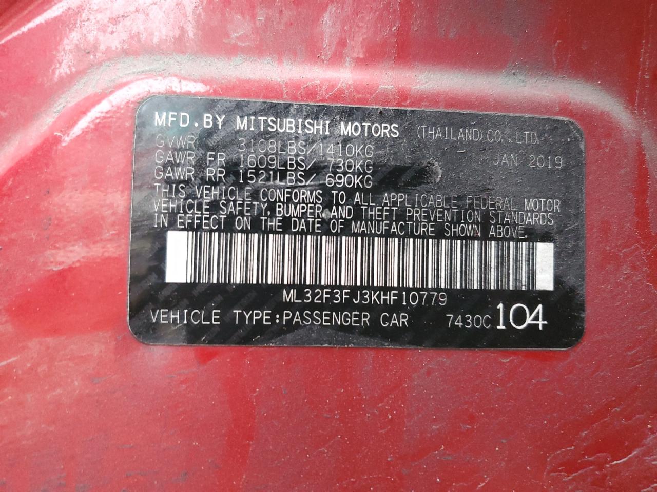 ML32F3FJ3KHF10779 2019 Mitsubishi Mirage G4 Es