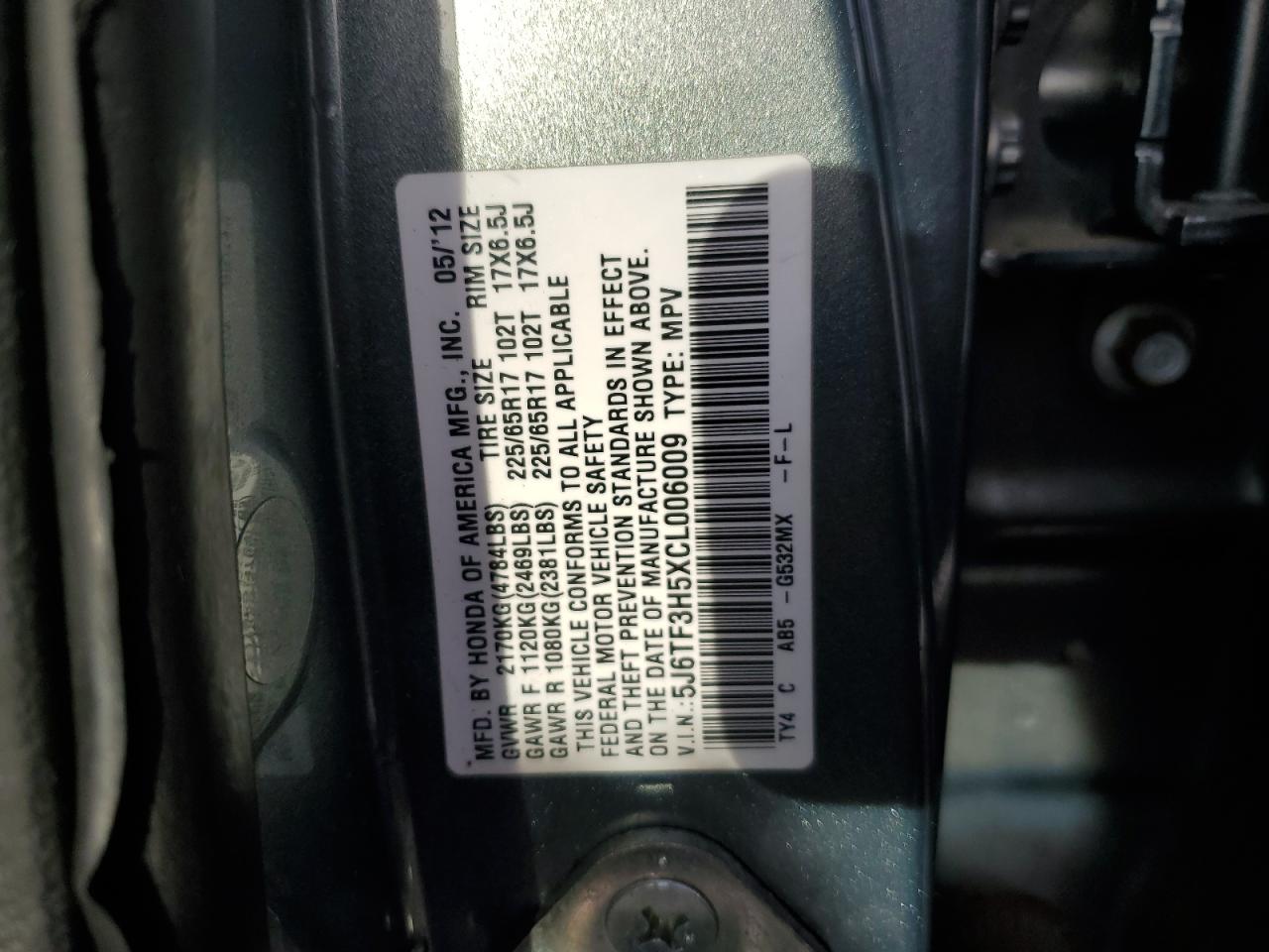 5J6TF3H5XCL006009 2012 Honda Crosstour Exl