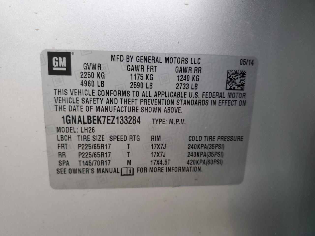 1GNALBEK7EZ133284 2014 Chevrolet Equinox Lt