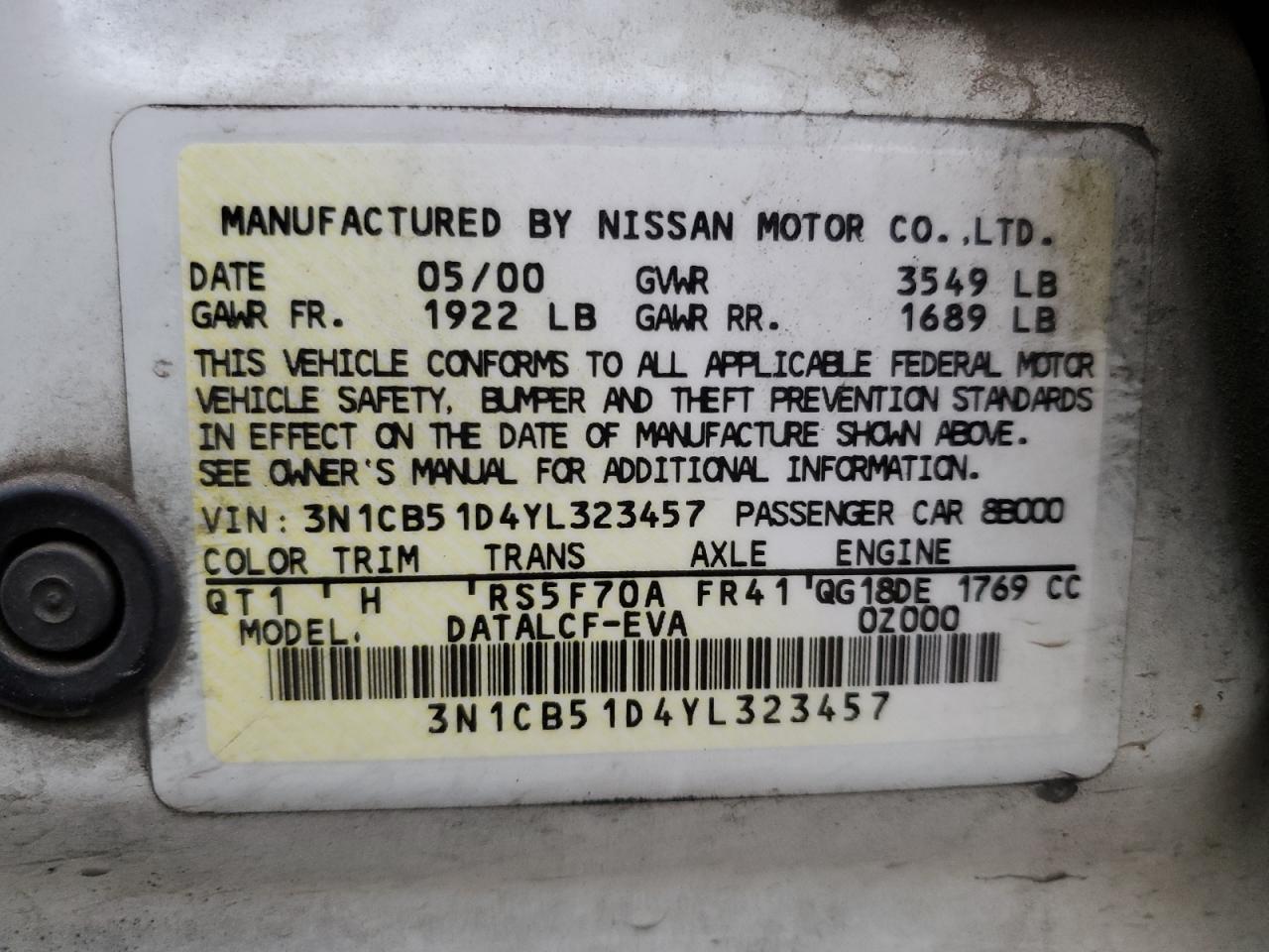 3N1CB51D4YL323457 2000 Nissan Sentra Base