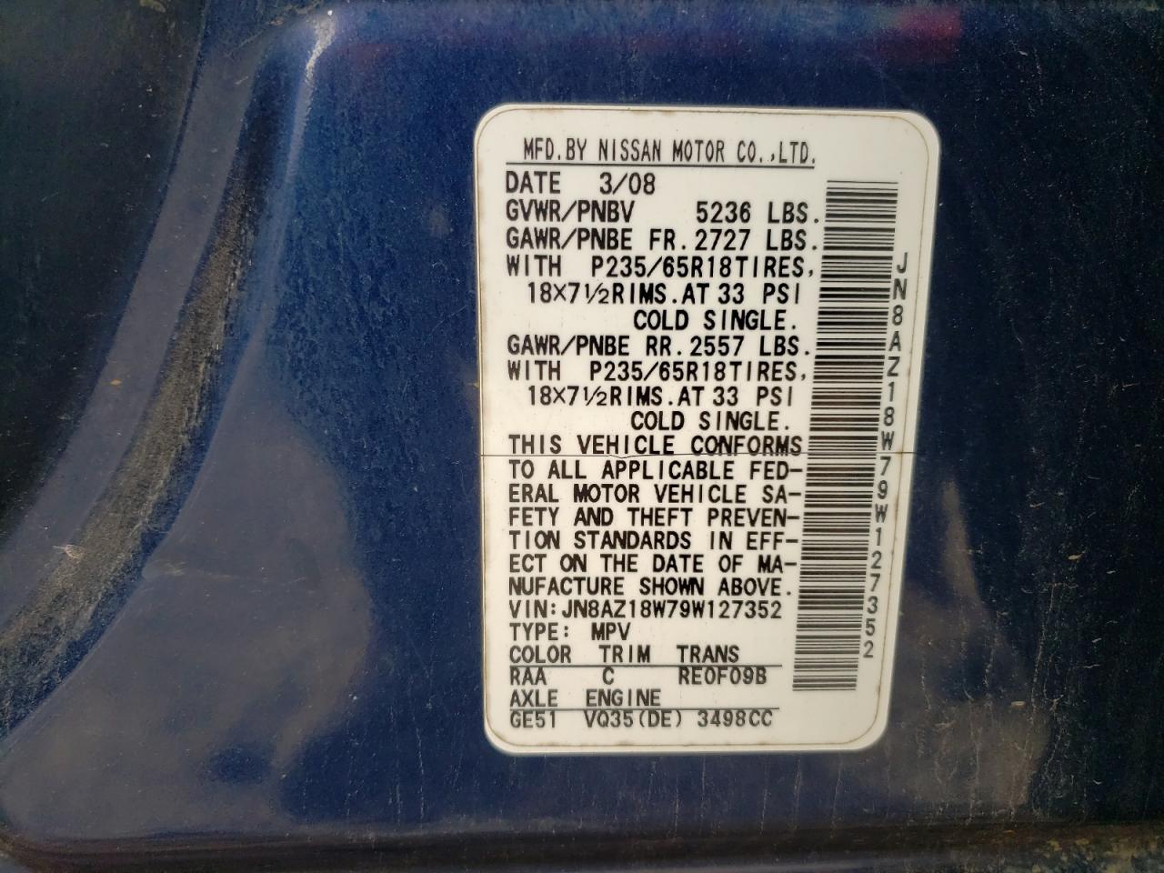 JN8AZ18W79W127352 2009 Nissan Murano S