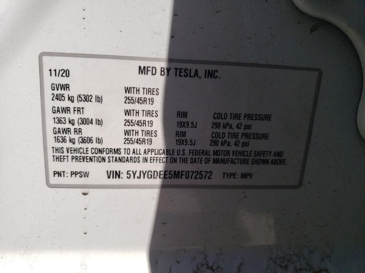 2021 Tesla Model Y vin: 5YJYGDEE5MF072572