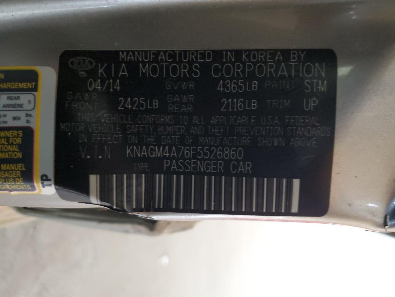 KNAGM4A76F5526860 2015 Kia Optima Lx