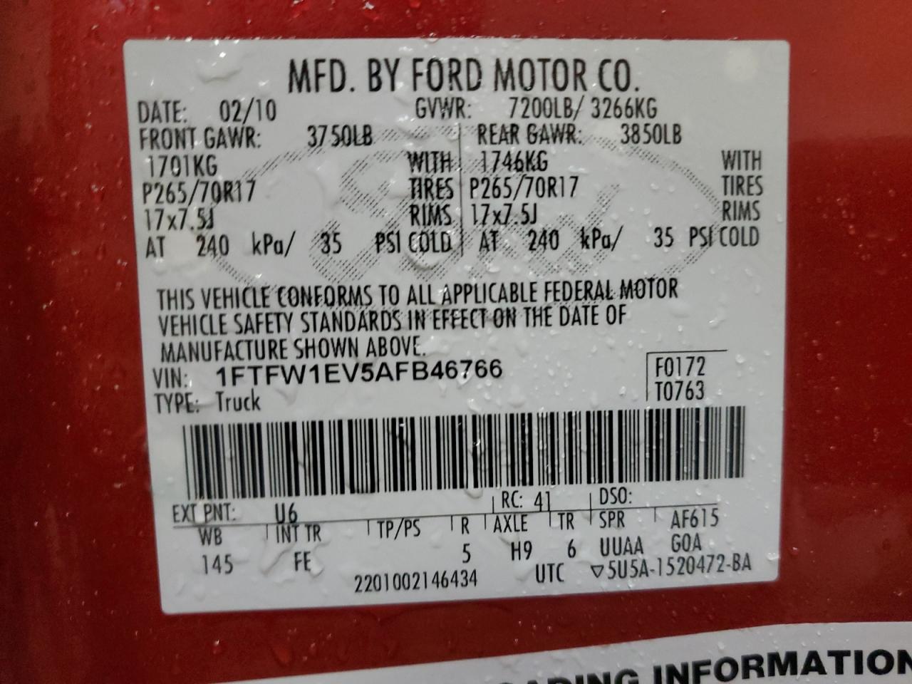 1FTFW1EV5AFB46766 2010 Ford F150 Supercrew