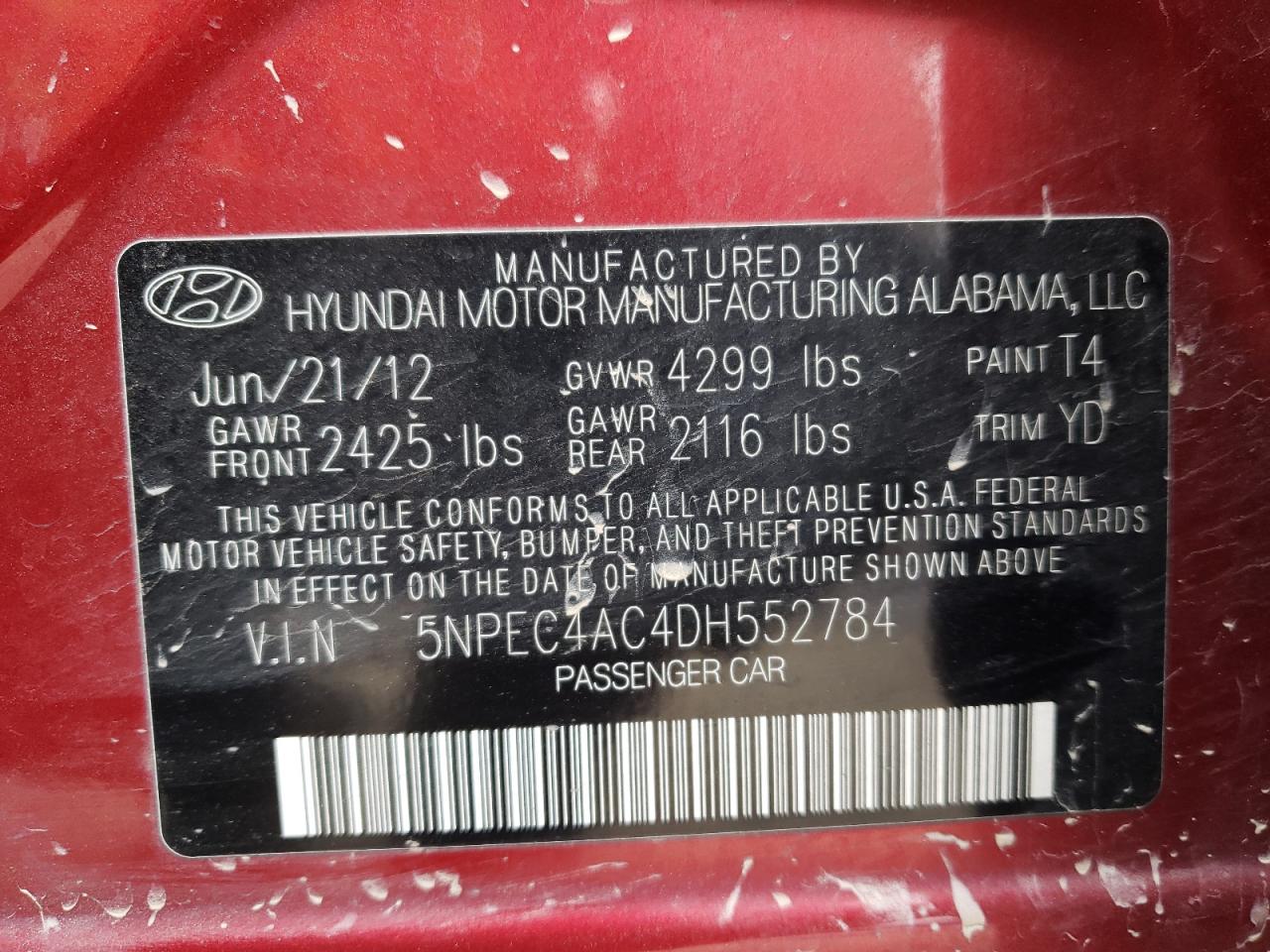 5NPEC4AC4DH552784 2013 Hyundai Sonata Se