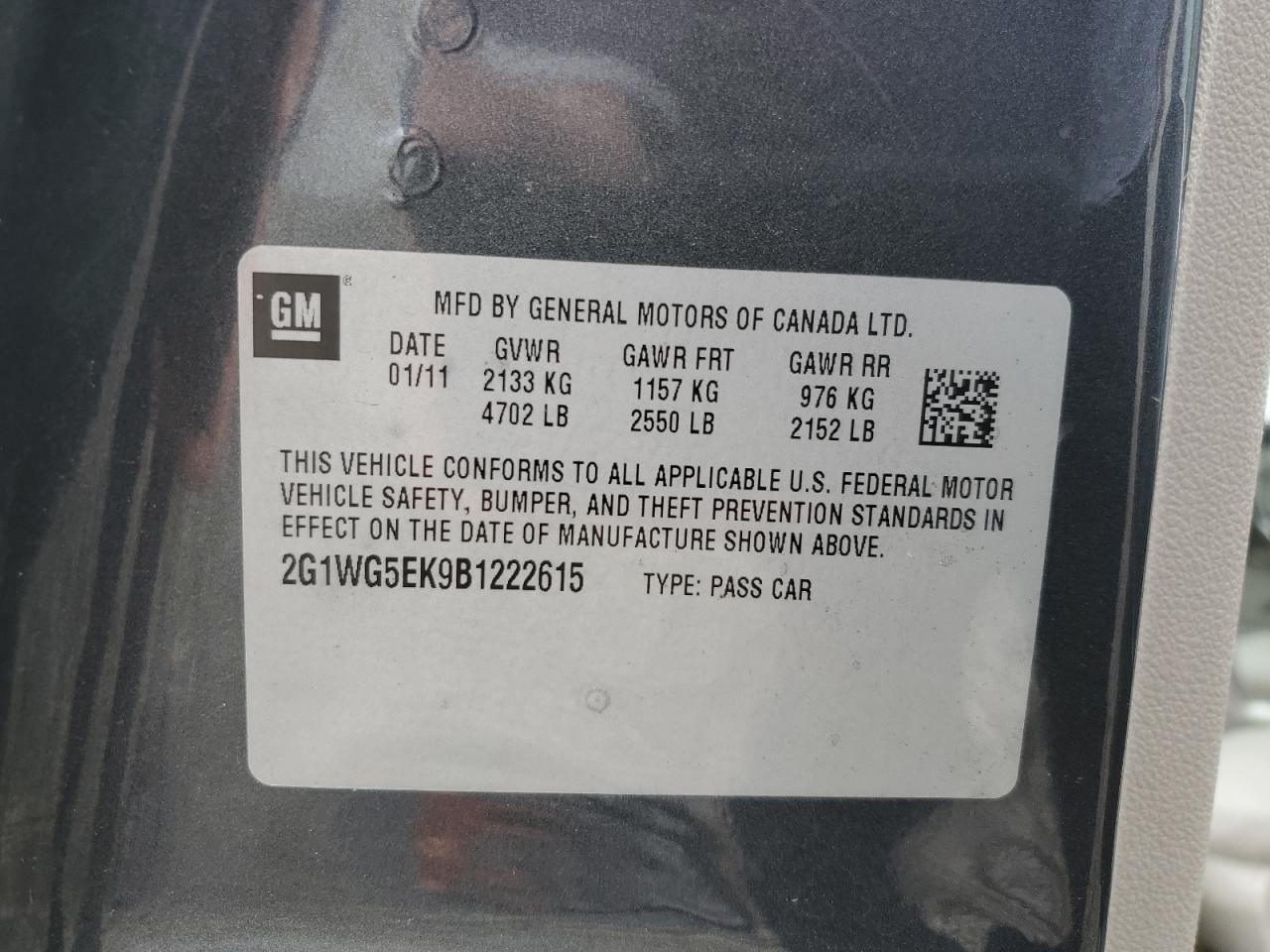 2G1WG5EK9B1222615 2011 Chevrolet Impala Lt