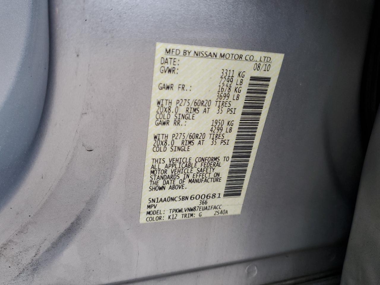 5n1aa0nc5bn600681 5N1AA0NC5BN600681 2011 Nissan Armada Sv