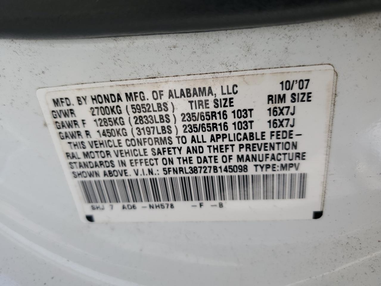 5FNRL38727B145098 2007 Honda Odyssey Exl