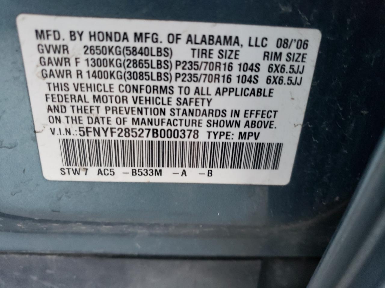 5FNYF28527B000378 2007 Honda Pilot Exl