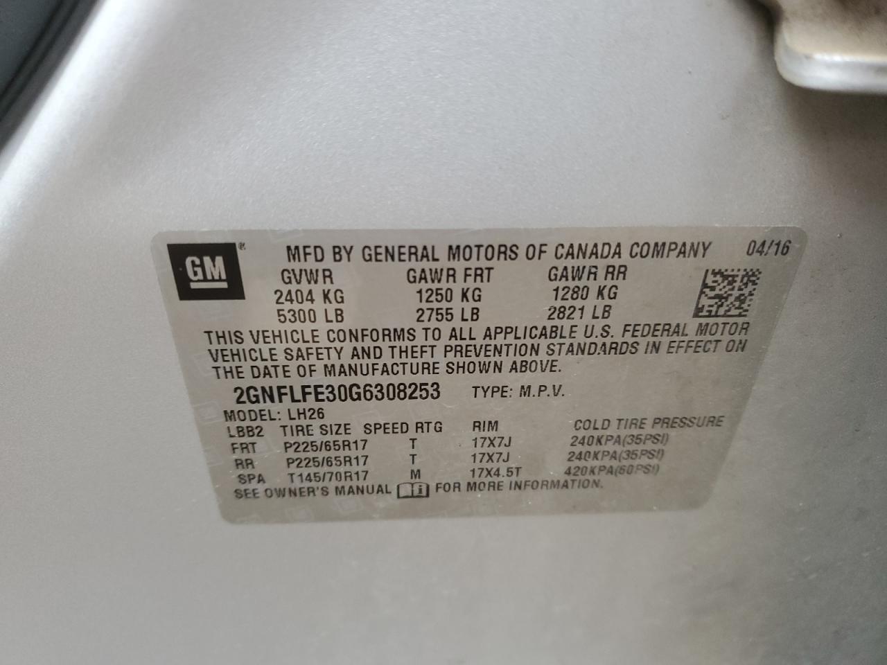 2GNFLFE30G6308253 2016 Chevrolet Equinox Lt