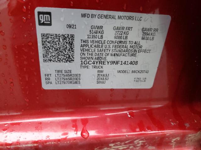 1GC4YREY9NF141408 | 2022 CHEVROLET SILVERADO