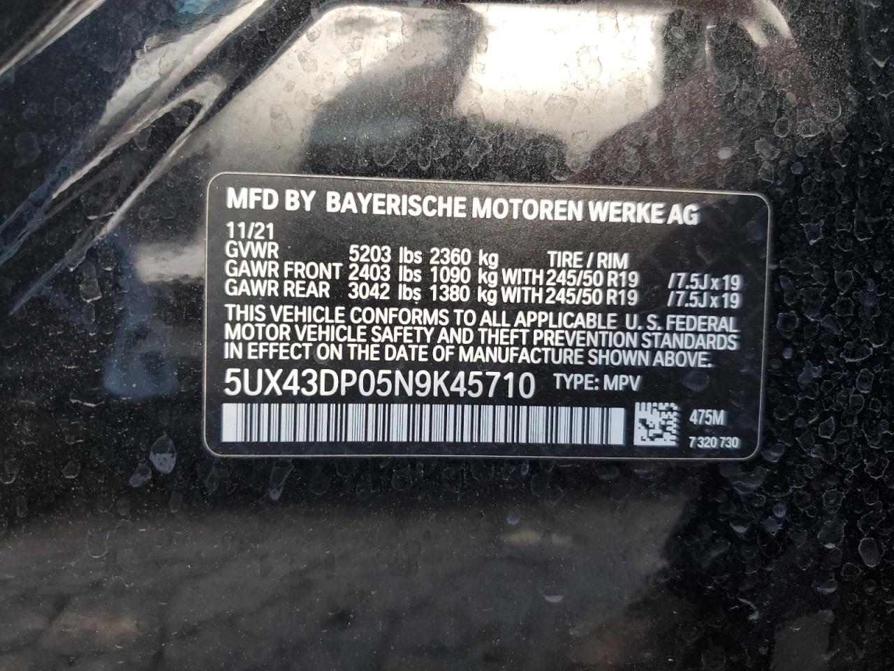 5UX43DP05N9K45710 2022 BMW X3 Sdrive30I