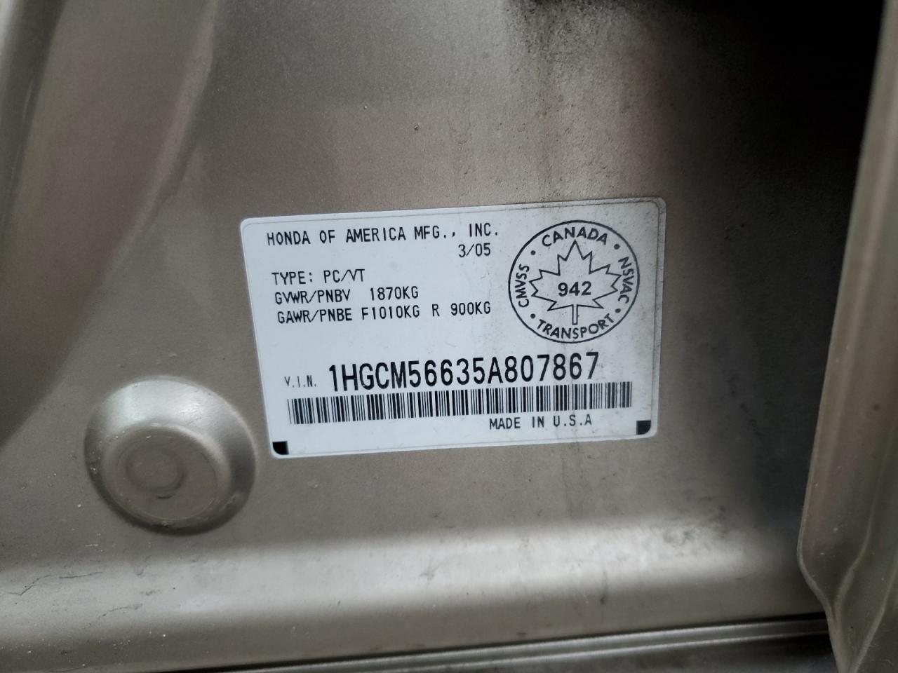 1HGCM56635A807867 2005 Honda Accord Ex