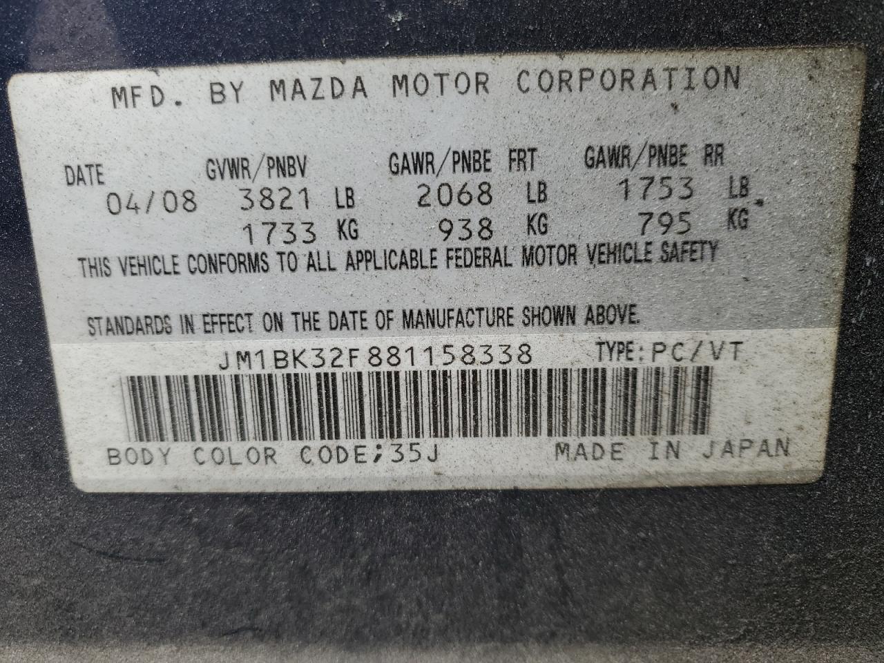 JM1BK32F881158338 2008 Mazda 3 I