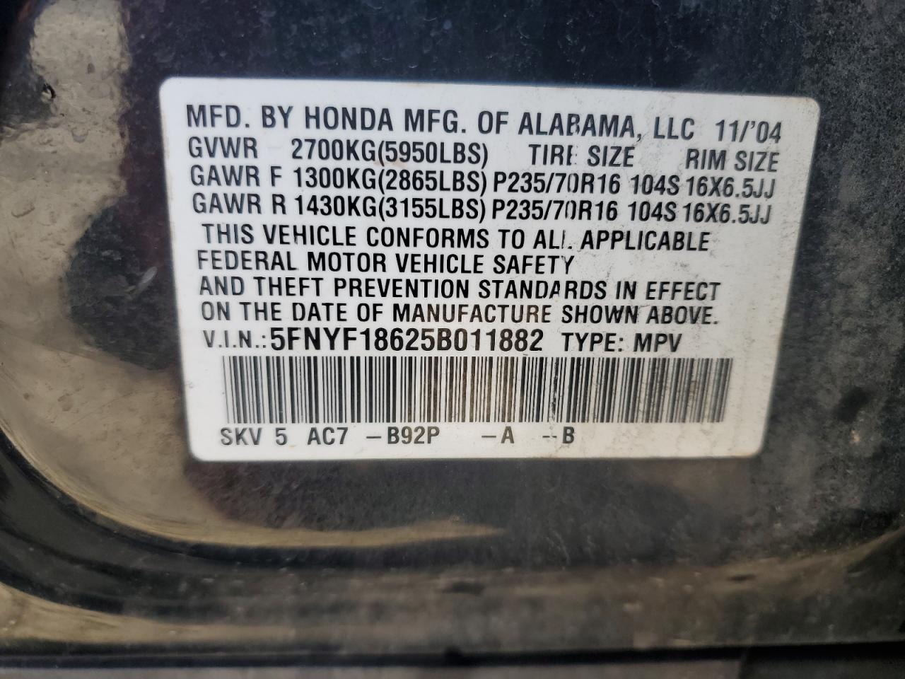 5FNYF18625B011882 2005 Honda Pilot Exl