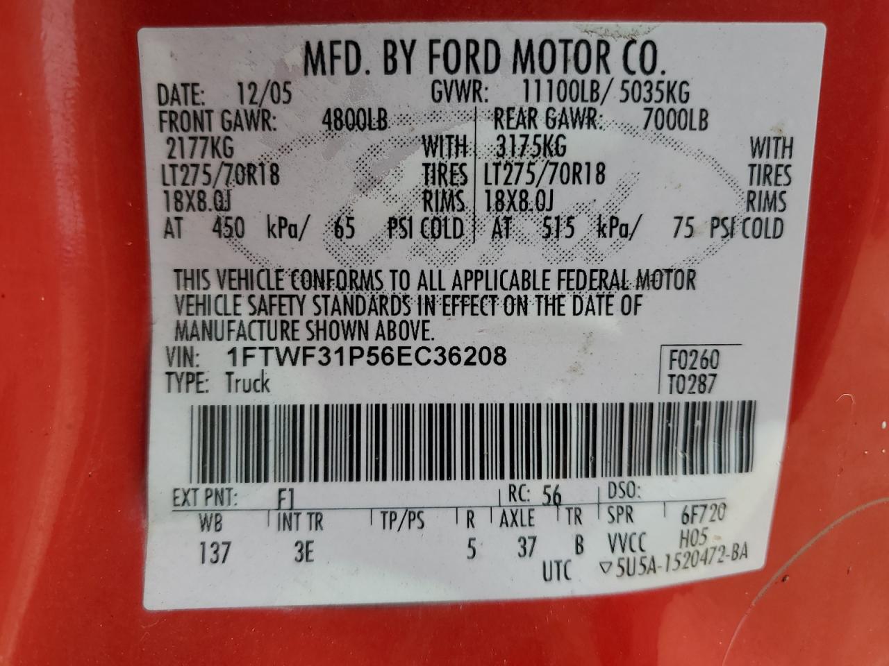 1FTWF31P56EC36208 2006 Ford F350 Srw Super Duty