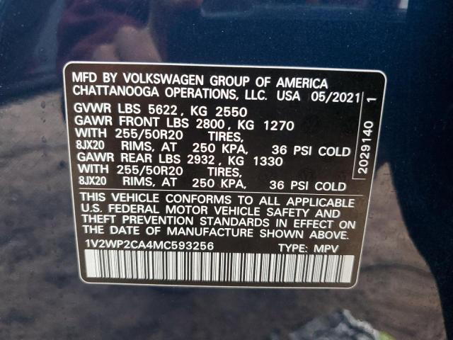 1V2WP2CA4MC593256 | 2021 VOLKSWAGEN ATLAS SE