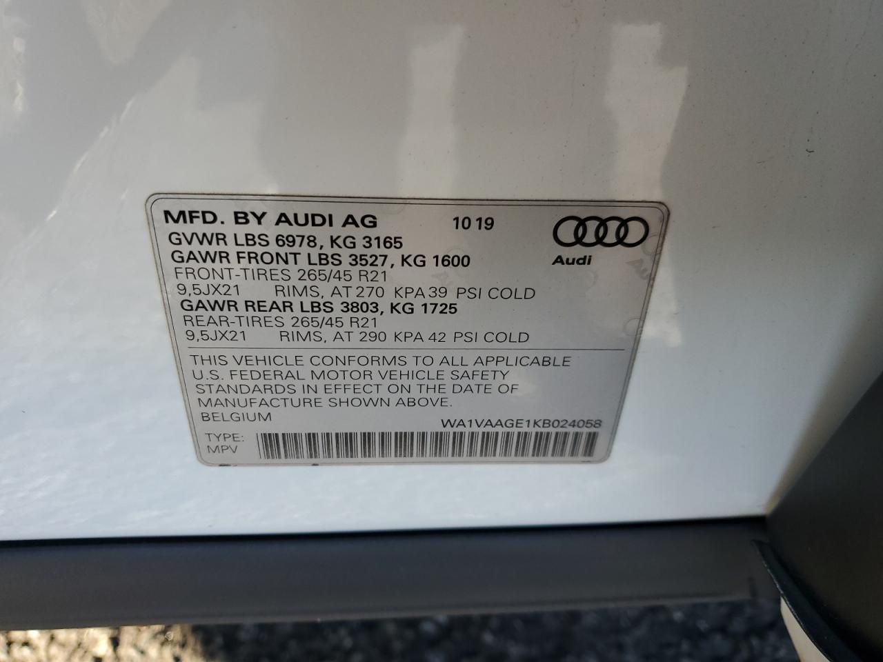 WA1VAAGE1KB024058 2019 Audi E-Tron Prestige