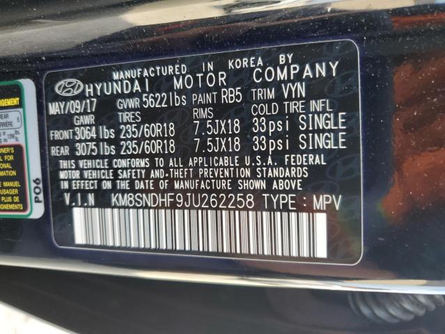 KM8SNDHF9JU262258 | 2018 HYUNDAI SANTA FE S