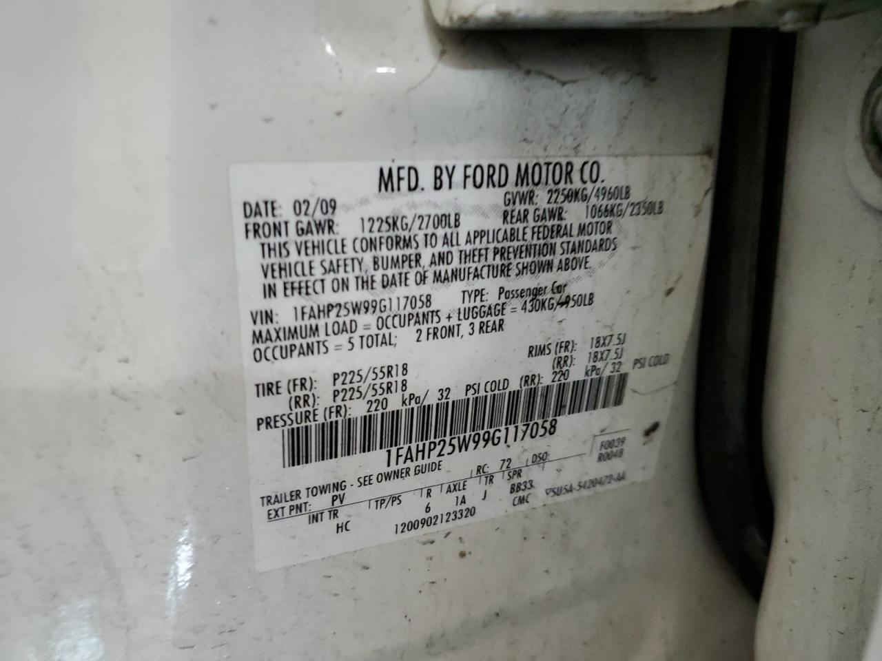 1FAHP25W99G117058 2009 Ford Taurus Limited