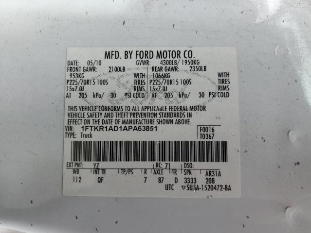 2010 Ford Ranger VIN: 1FTKR1AD1APA63851 Lot: 37313544