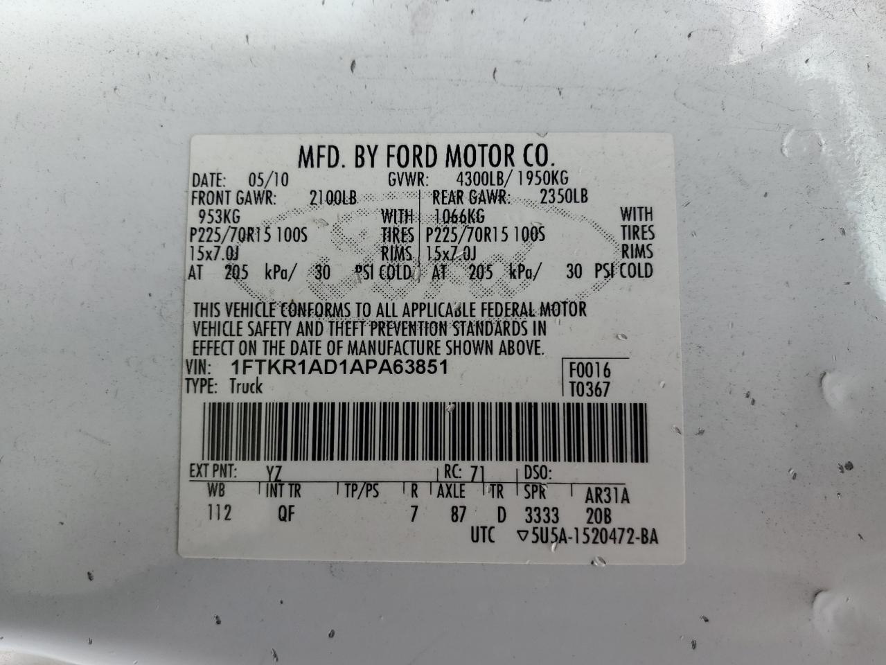 1FTKR1AD1APA63851 2010 Ford Ranger