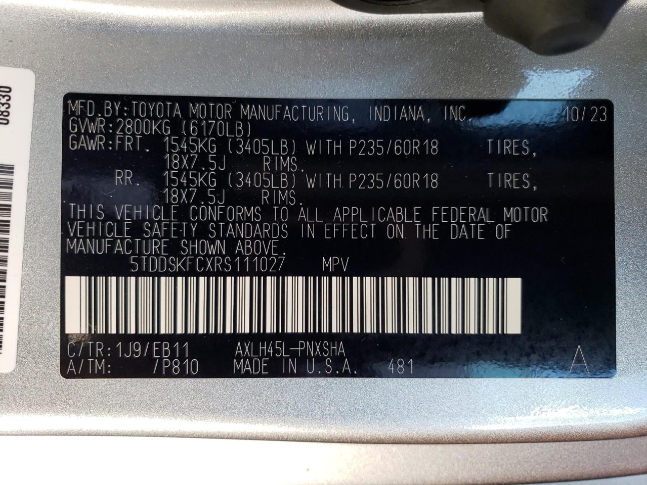 VIN: 5TDDSKFCXRS111027 2024 TOYOTA SIENNA