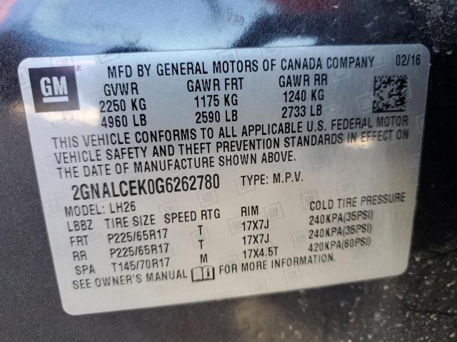 2016 CHEVROLET EQUINOX LT 2GNALCEK0G6262780