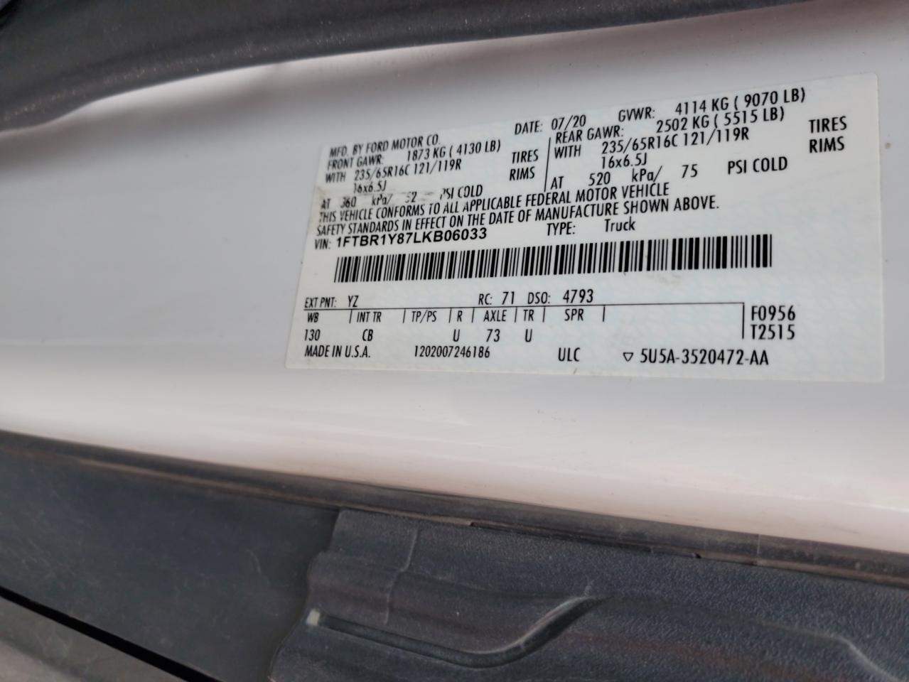 1FTBR1Y87LKB06033 FORD TRANSIT 2020