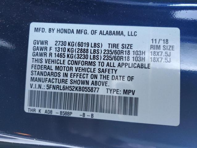 2019 HONDA ODYSSEY 5FNRL6H52KB055877