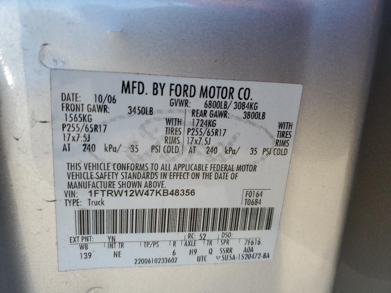 1FTRW12W47KB48356 2007 Ford F150 Supercrew
