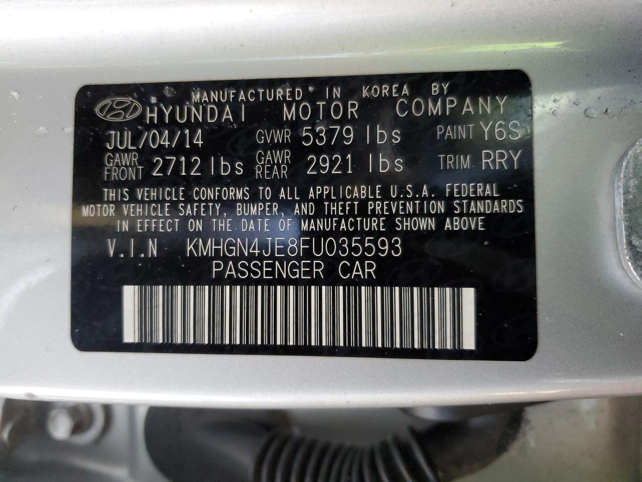 KMHGN4JE8FU035593 2015 Hyundai Genesis 3.8L