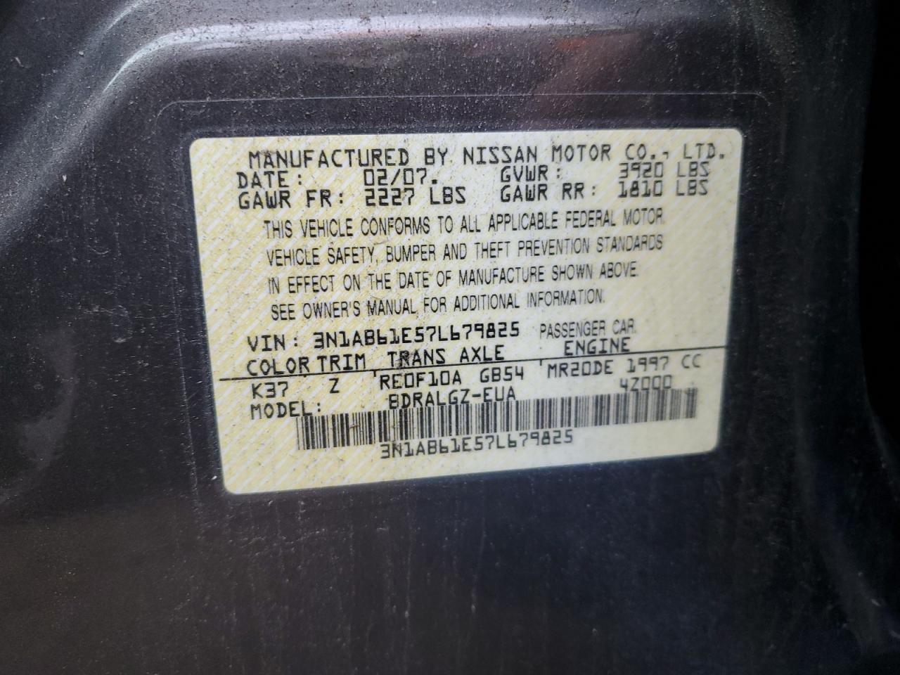 3N1AB61E57L679825 2007 Nissan Sentra 2.0