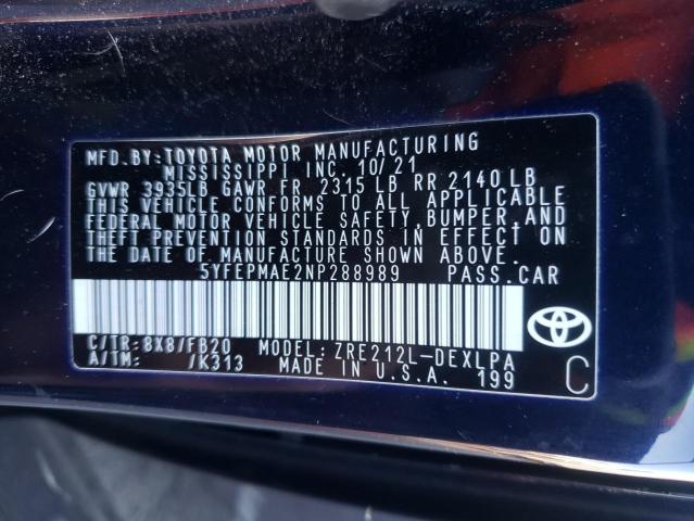 5YFEPMAE2NP288989 | 2022 TOYOTA COROLLA LE