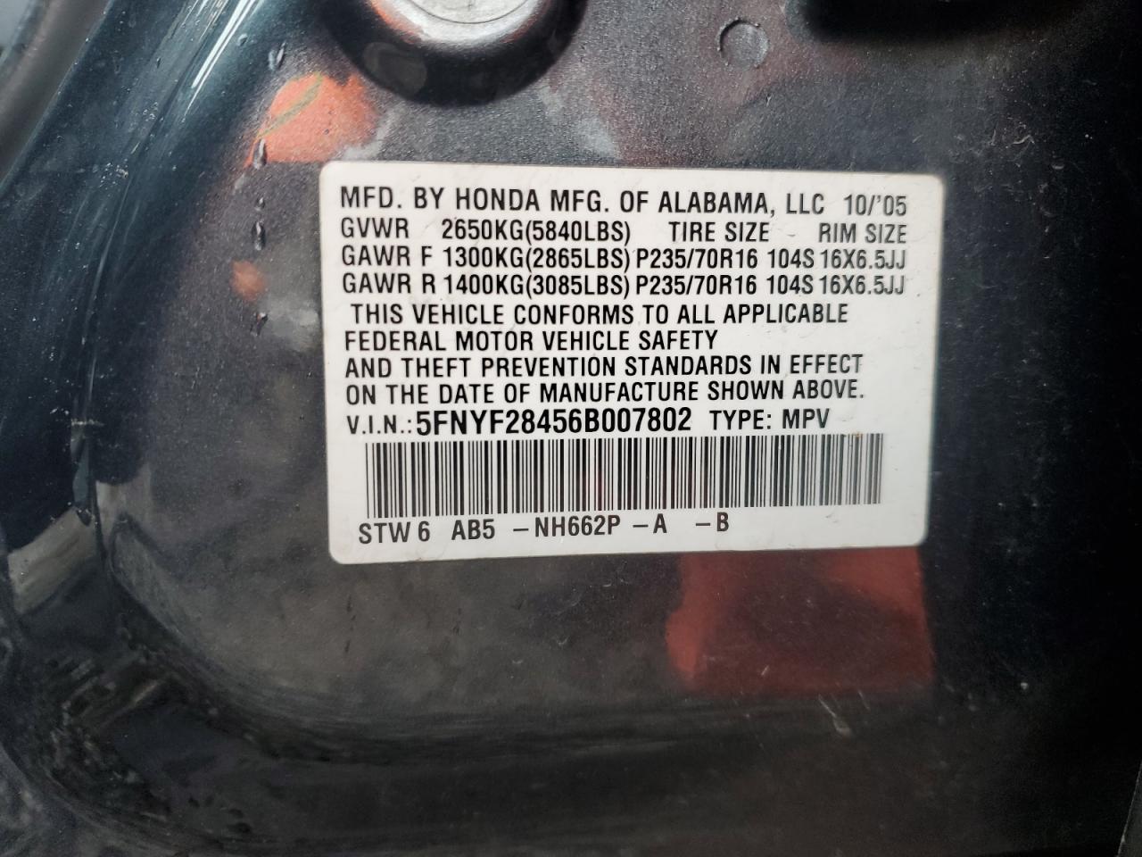 5FNYF28456B007802 2006 Honda Pilot Ex