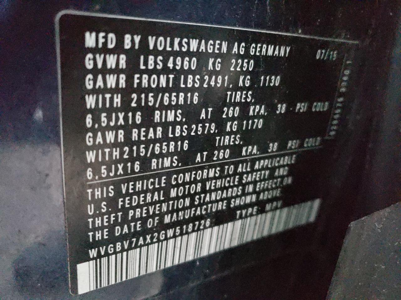 WVGBV7AX2GW518726 2016 Volkswagen Tiguan S