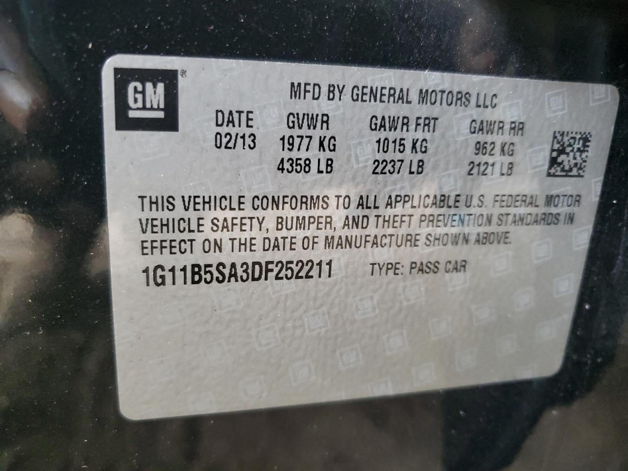 1G11B5SA3DF252211 2013 Chevrolet Malibu Ls