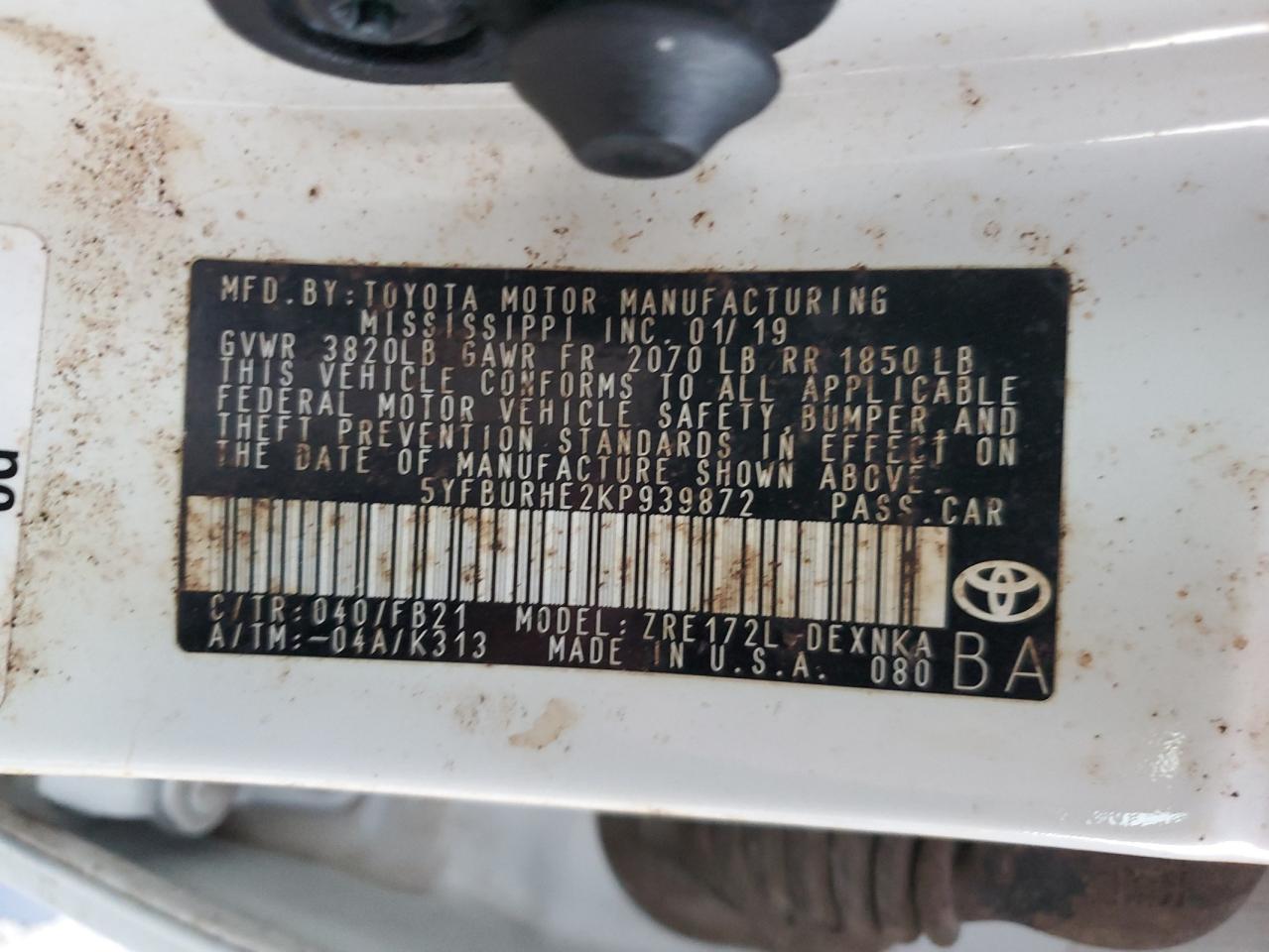 VIN: 5YFBURHE2KP939872 2019 TOYOTA COROLLA